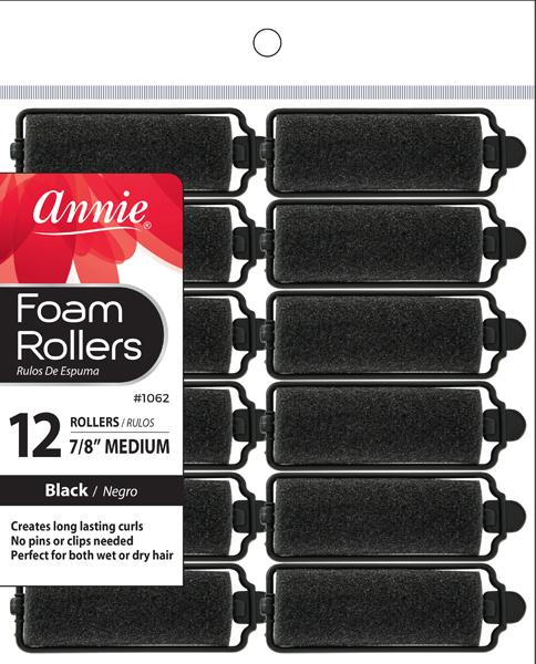 Annie #1062 Foam Rollers Medium, 7/8 Inch, 12Ct Black