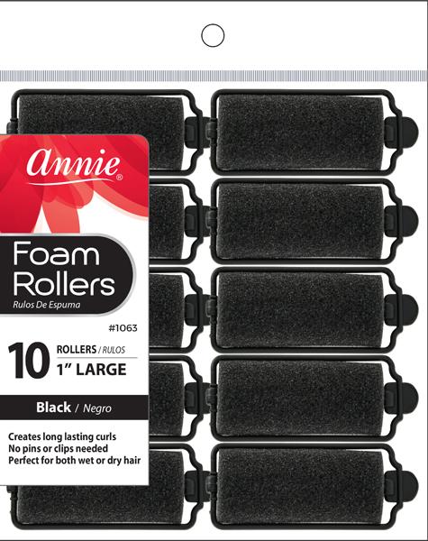 Annie #1063 Foam Rollers Large, 1 inch 10Ct Black