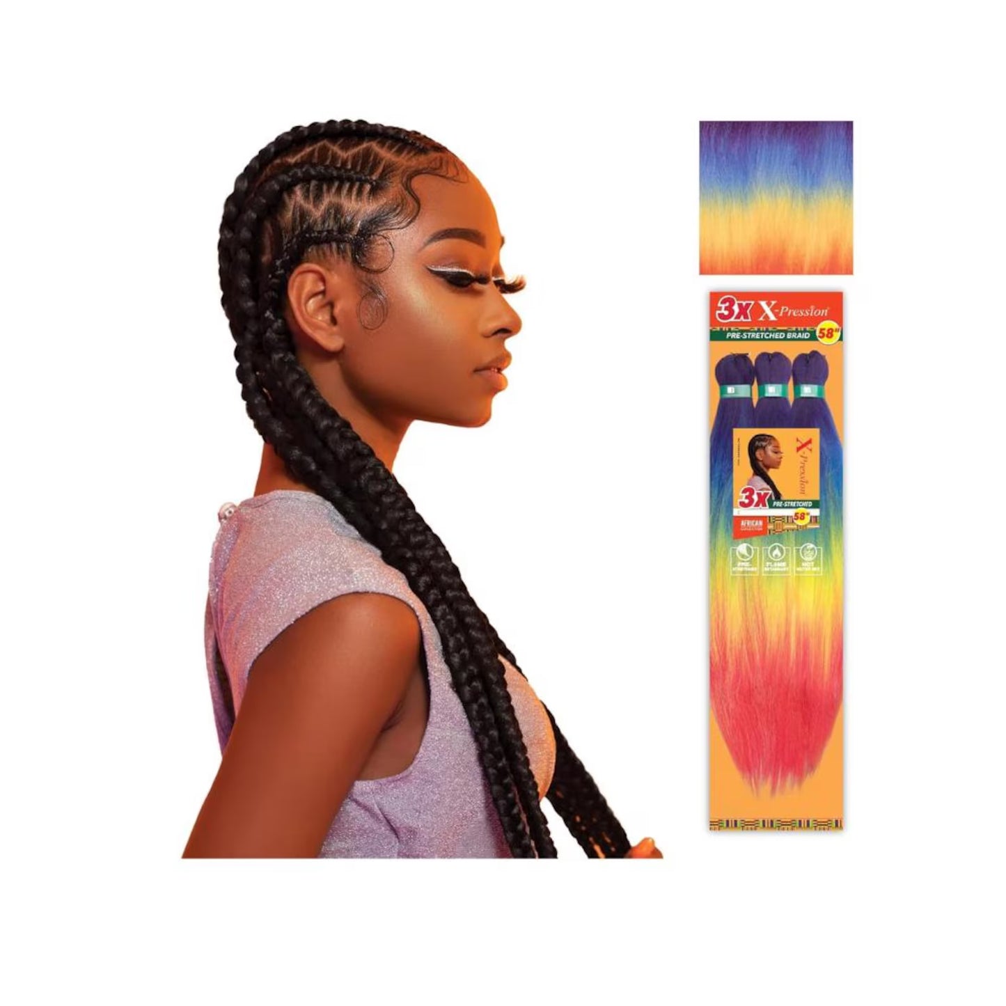 SB3XB-58-Rainbow Sensationnel Synthetic X-Pression 3X Volume Pre-Streched Braid 58"