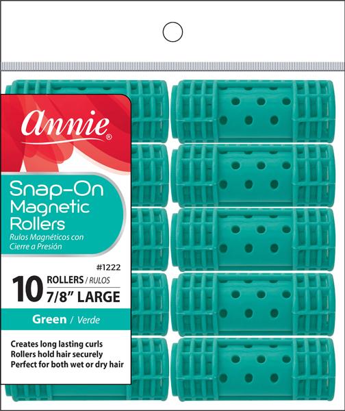 Annie #1222 Snap-On Magnetic Rollers 7/8in, 10 Ct. Large Hair Curlers, Green