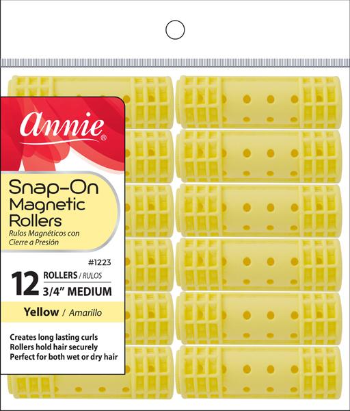 Annie #1223 Snap-On Magnetic Rollers 3/4in, 12 Ct. Medium Hair Curlers, Yellow